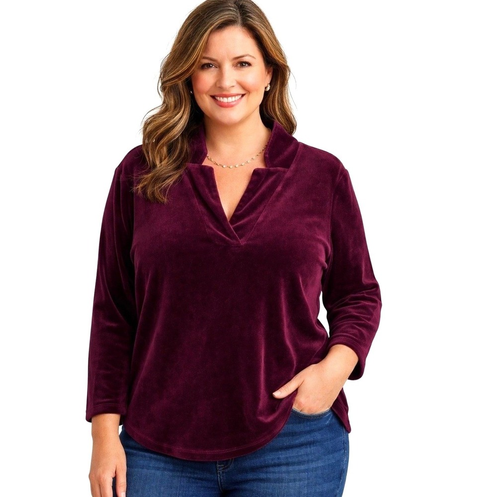 Talbots Plus Petite 1XP Plum Purple Velvet Notched V-Neck Pullover Top VN5092